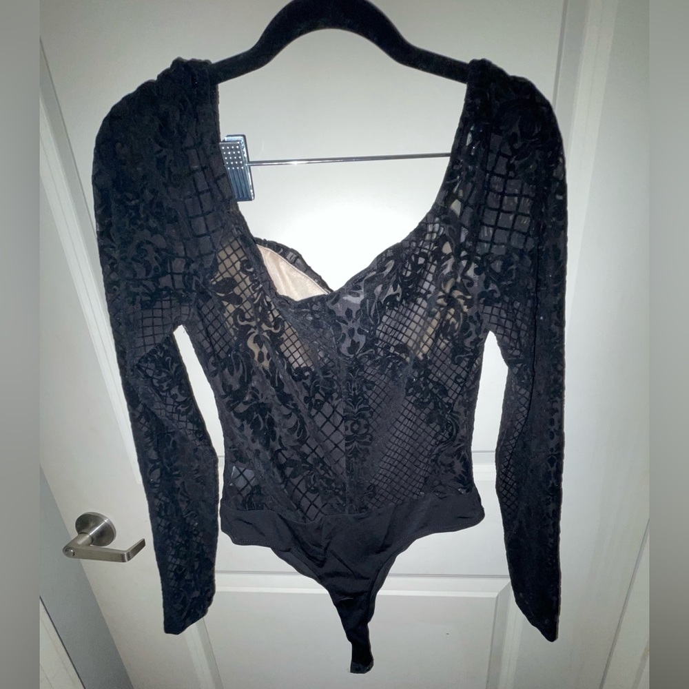 Black velvet detailing sheer long sleeve bodysuit